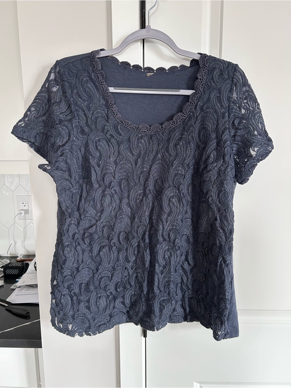 Semez la joie Women's Navy Lace Short Sleeve Top Patterned Blouse